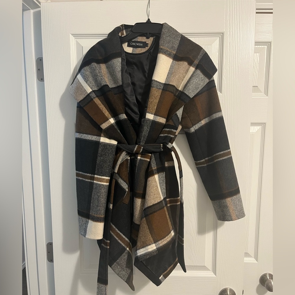 Chicwish Plaid Cape Coat - Black, Brown, Cream